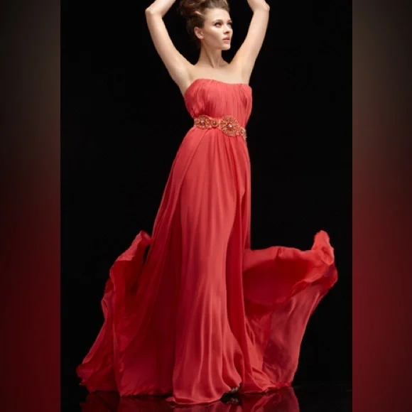 Theia | Dresses | Theia Spaghetti Straps Coral Beaded Gown Sheer With Scarf  Size 8 Formal Party | Poshmark